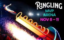 Trapeze artist flying through air at left of image, and at right text reading "Ringling MVP Arena Nov 8-11"