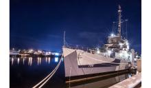 USS Slater ship docked at twilight